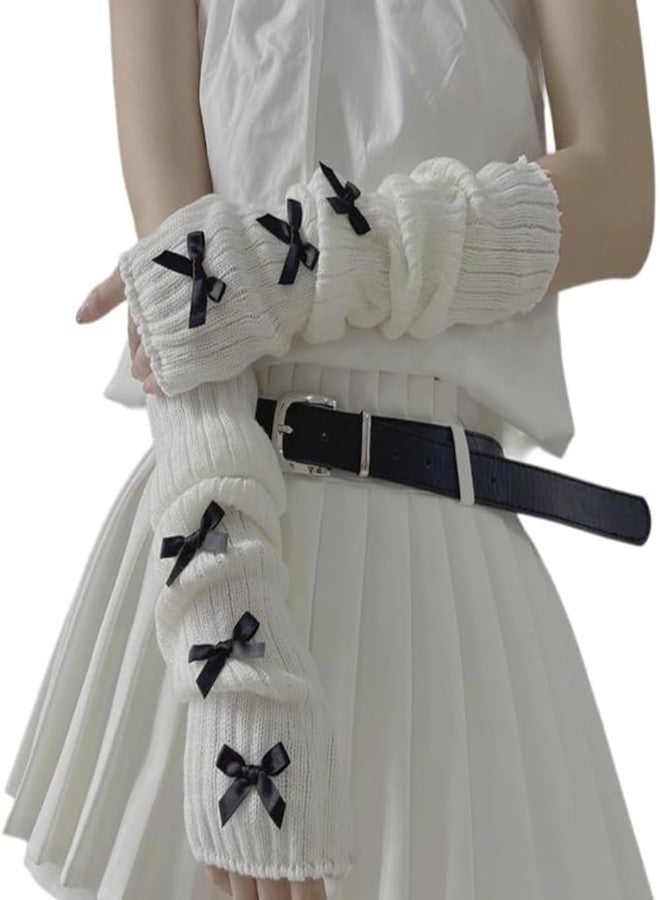POHADON Women Knitted Arm Warmers Y2k Long Fingerless Gloves Cute Bow Arm Sleeve Cosplay Lolita Gyaru Accessories (White-black bow,One Size) - Image 1
